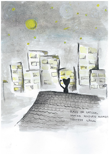 Kass on katusel Vaatab kuldseid aknaid ta Tähtede säras