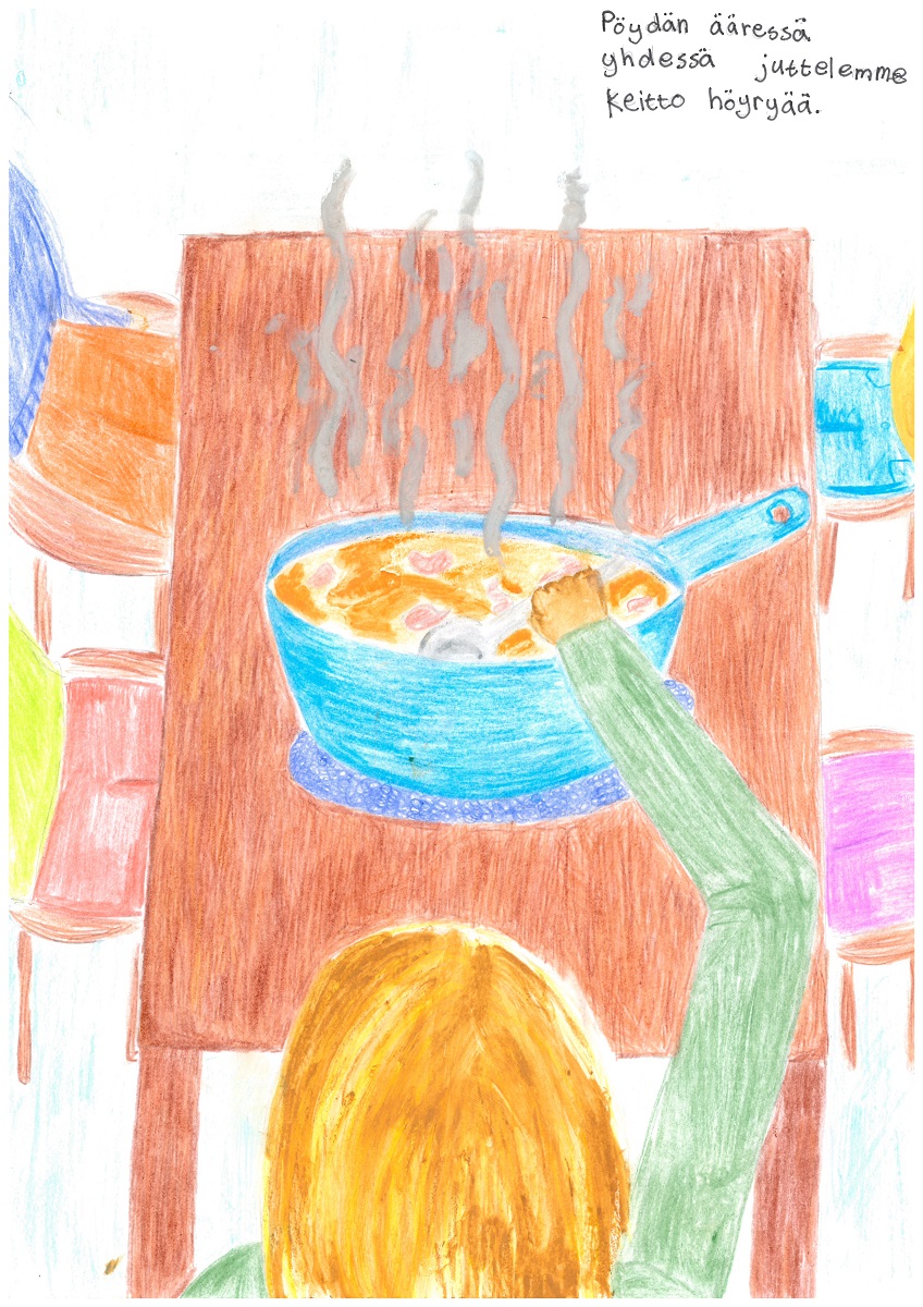 Pöydän ääressä yhdessä juttelemme keitto höyryää.