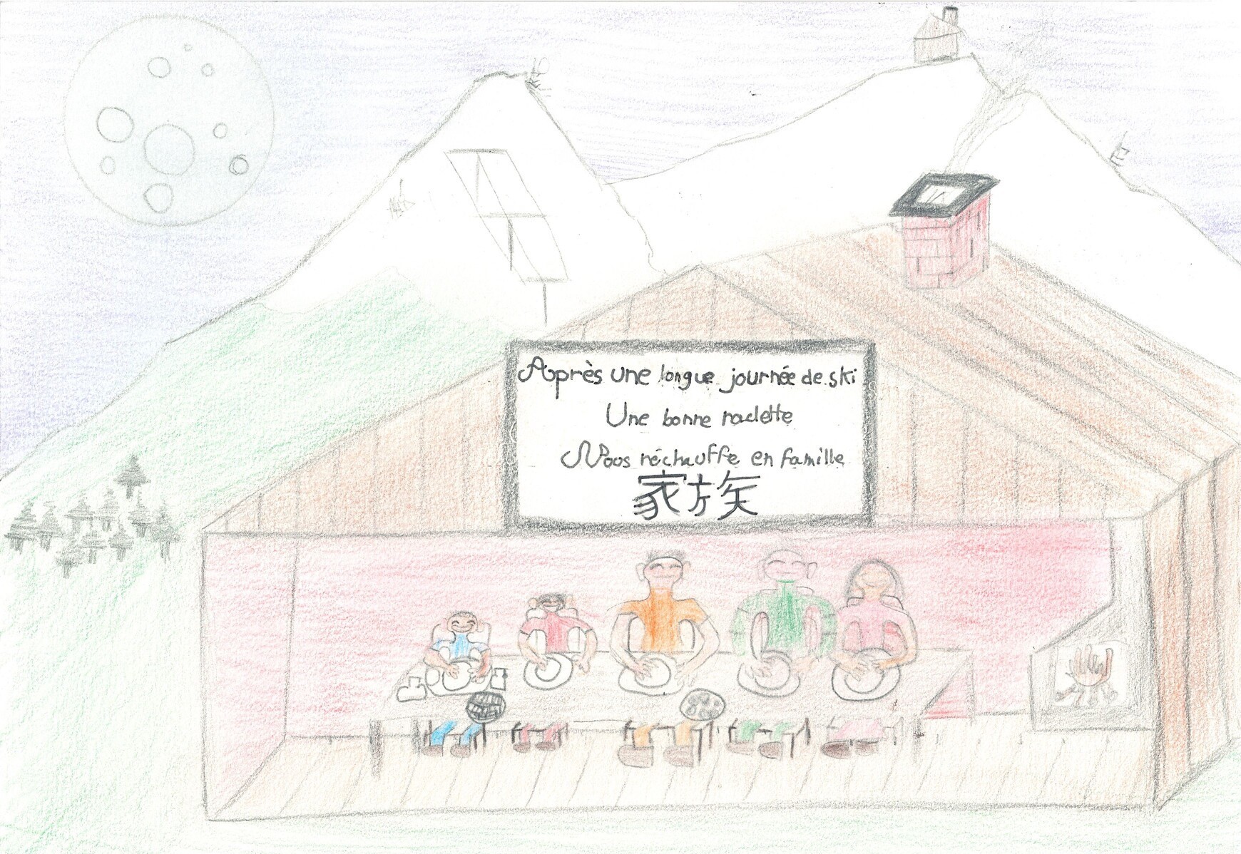 Aprés une longue journée de ski Une bonne raclette Nous réchauffe en famille