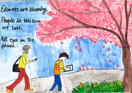 Flowers are blooming. People in this town are lost. All eyes on the phones