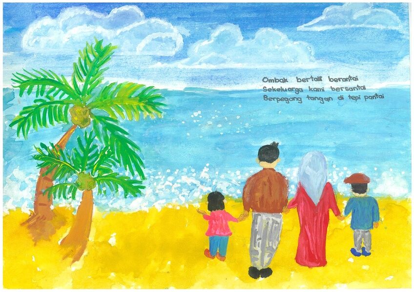 Ombak bertali berantai Sekeluarga kami bersantai Berpegang tangan di tepi pantai