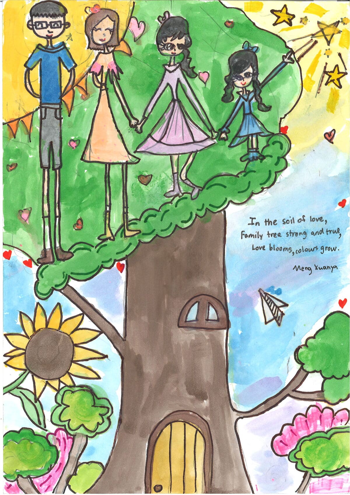 In the soil of love Family tree strong and true Love blooms, colours grow