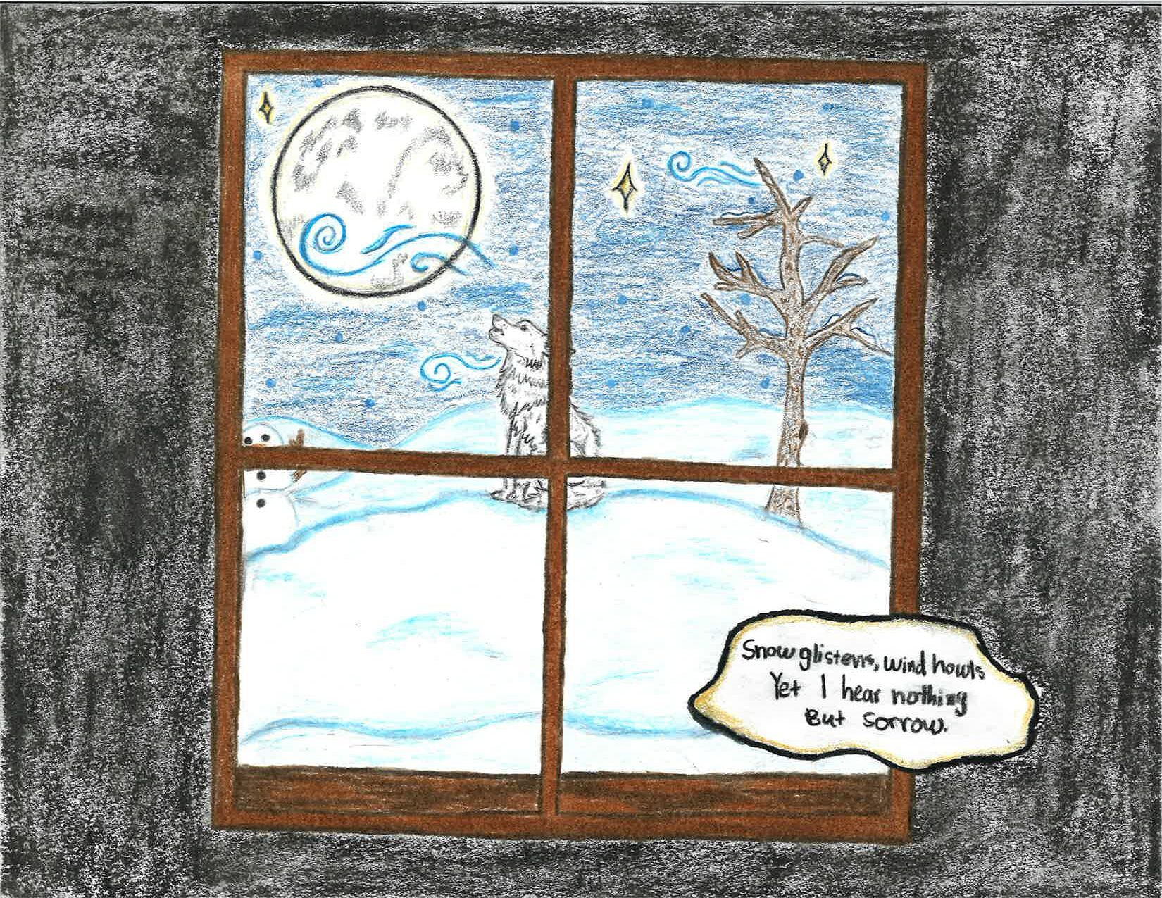 Snow glistens, wind howls Yet I hear nothing But Sorrow
