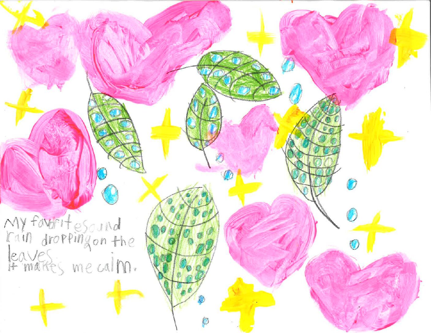 My favorite sound Rain dropping on the leaves It makes me calm