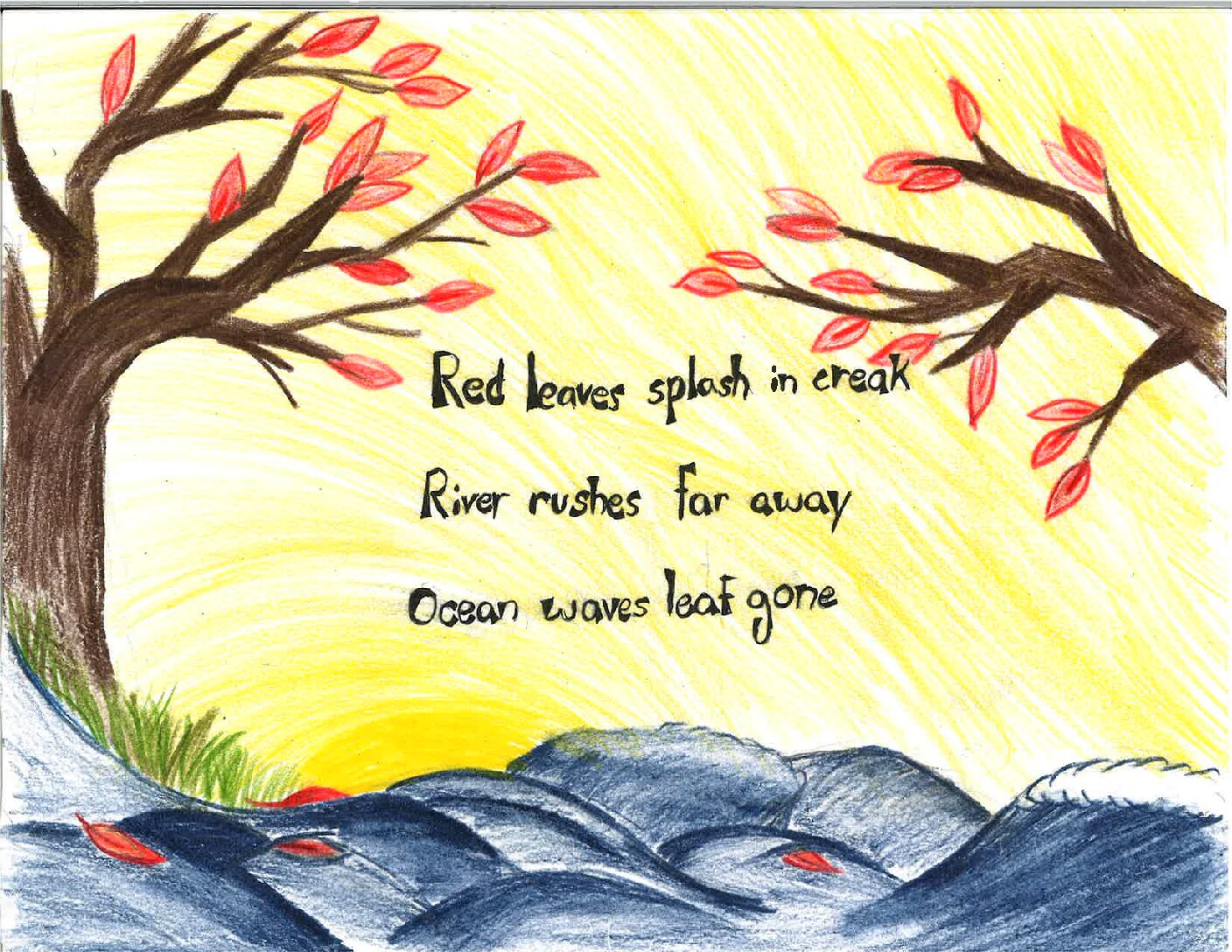 Red leaves splash in creak River rushes far away Ocean waves leaf gone