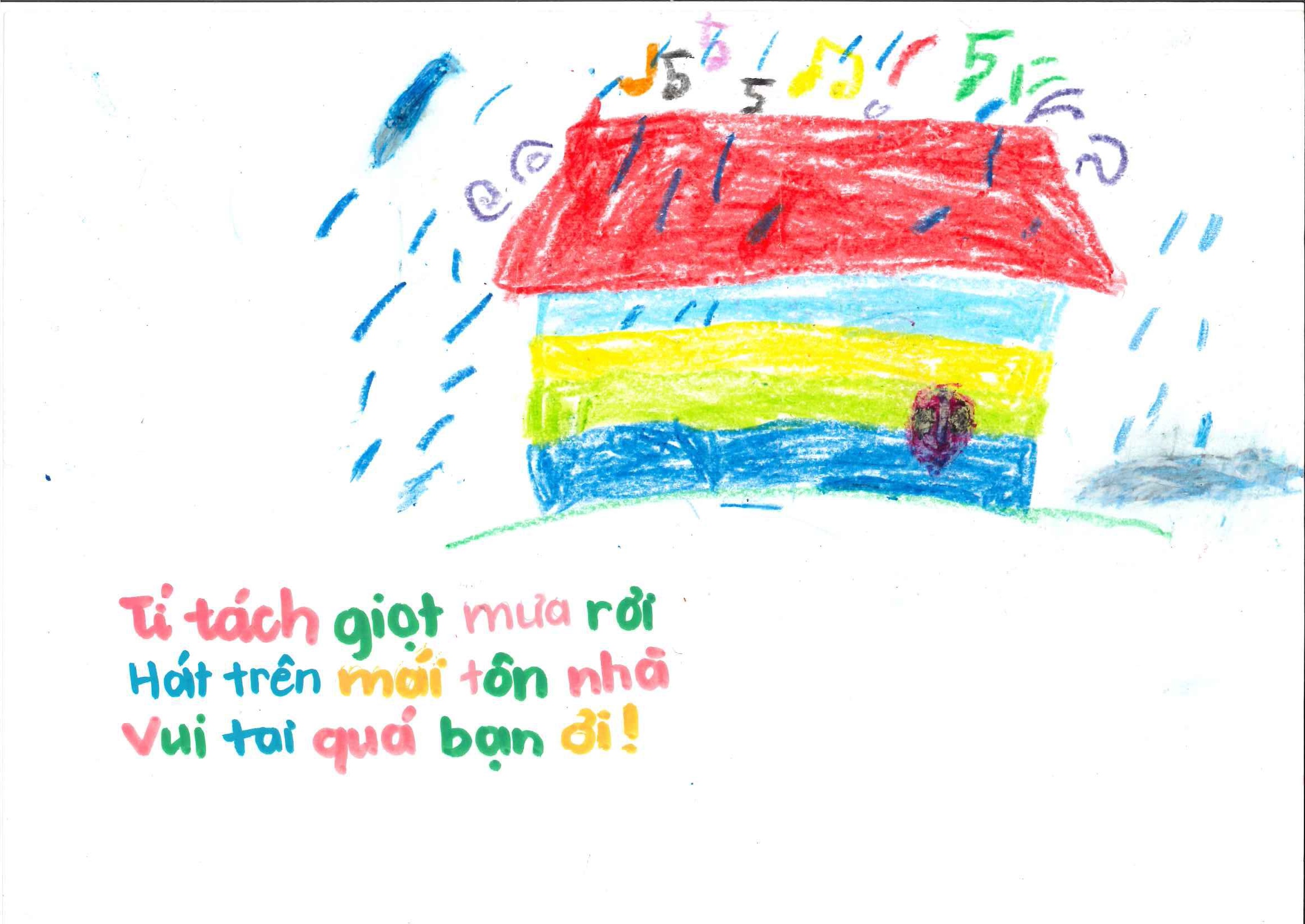 Tí tách giọt mưa rơi Hát trên mái tôn nhà Vui tai quá bạn ơi!
